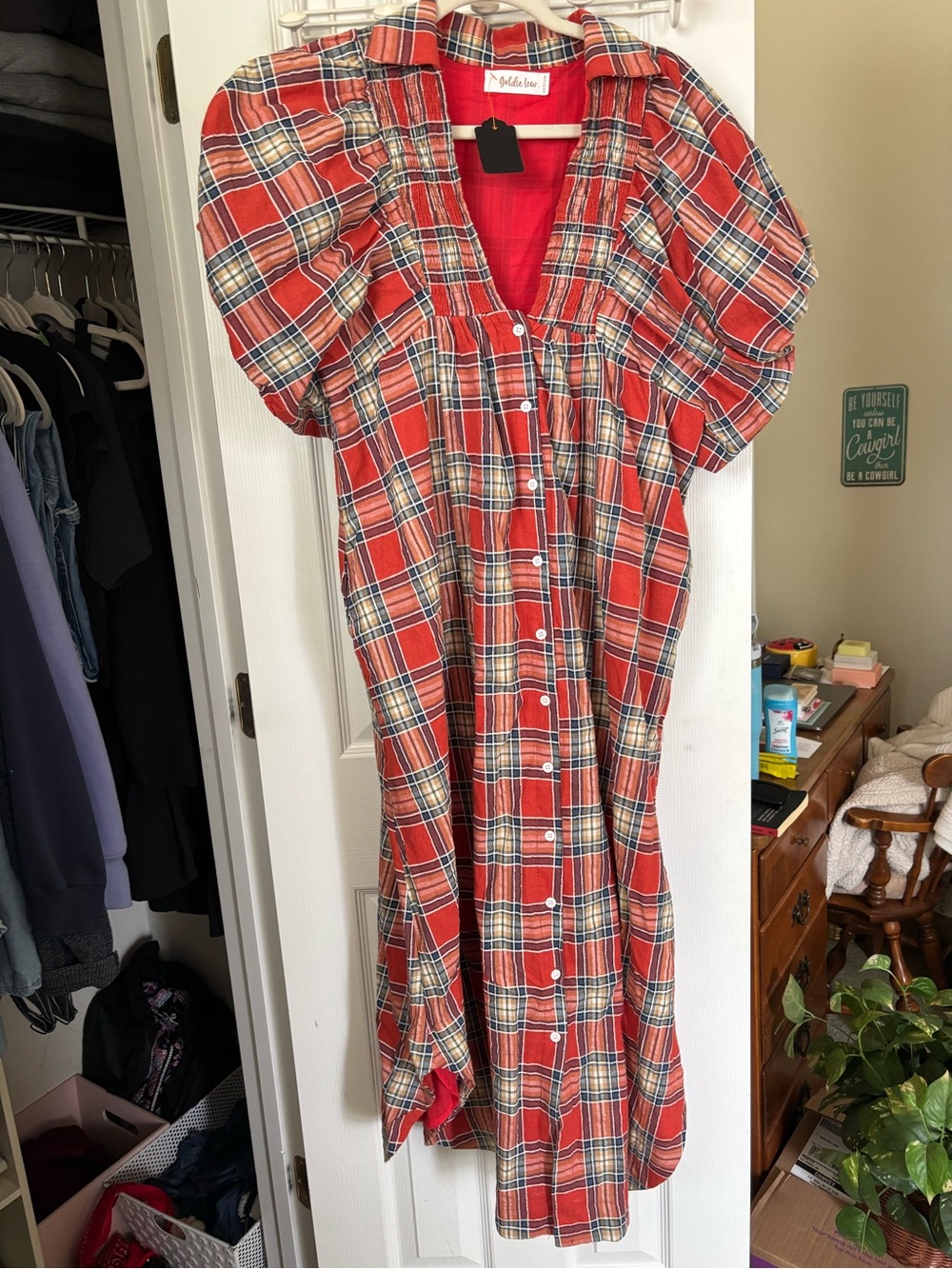 Red Plaid Button-Front Dress with Puff Sleeves